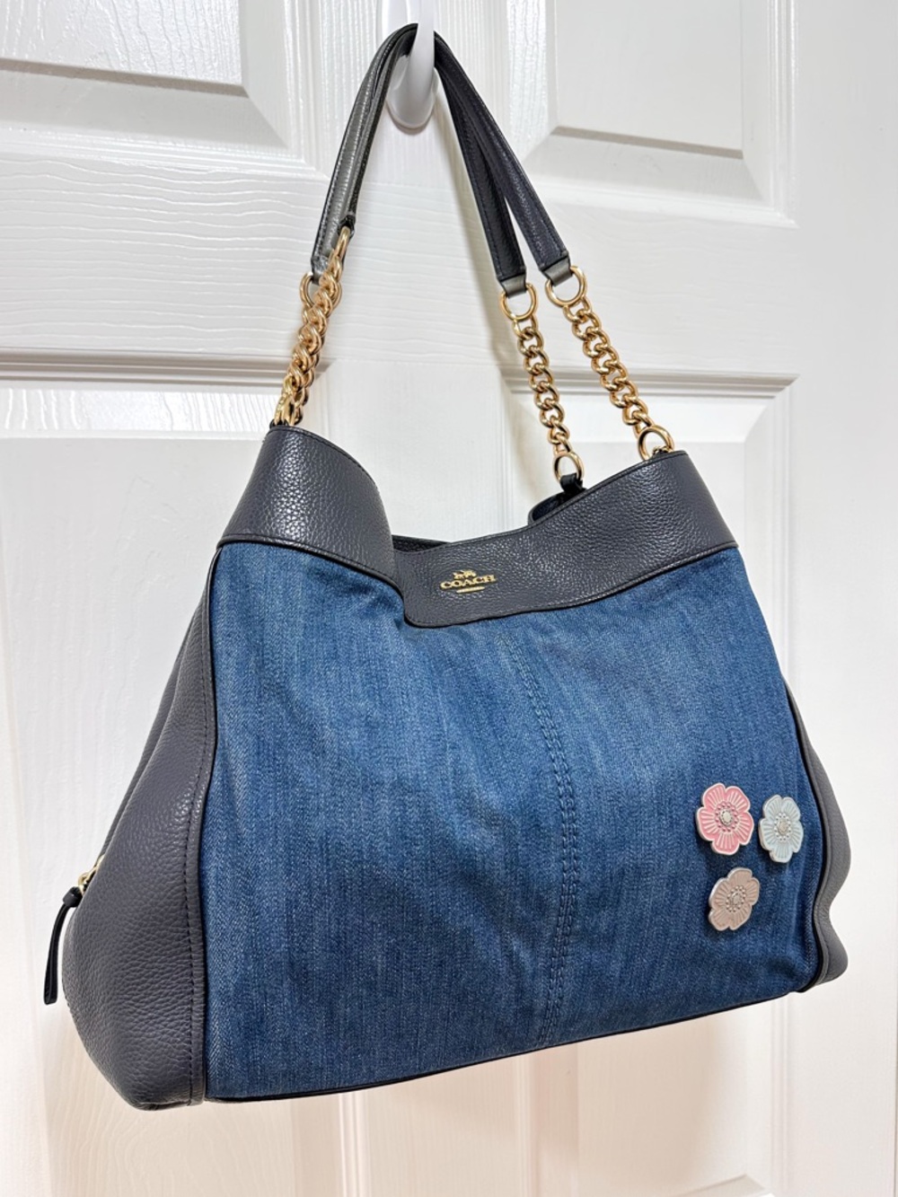 Coach Lexy Shoulder Bag Blue Denim Tea Rose Appliqué Navy Leather F25884 - Picture 4 of 15